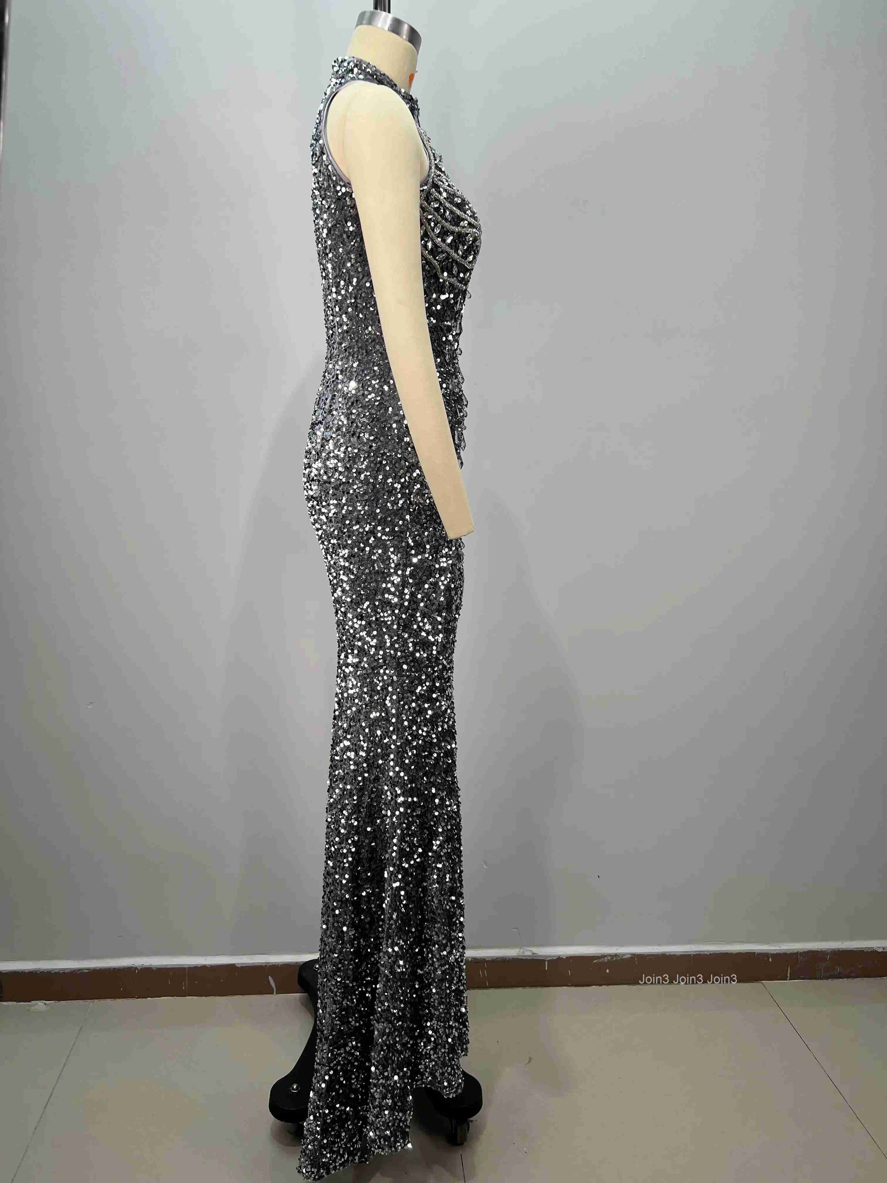 Womens Silver Sequin Bandage Dress One Shoulder Fringe Sleeve Embroidered Mermaid Gown Feather Trim Evening Party Dress