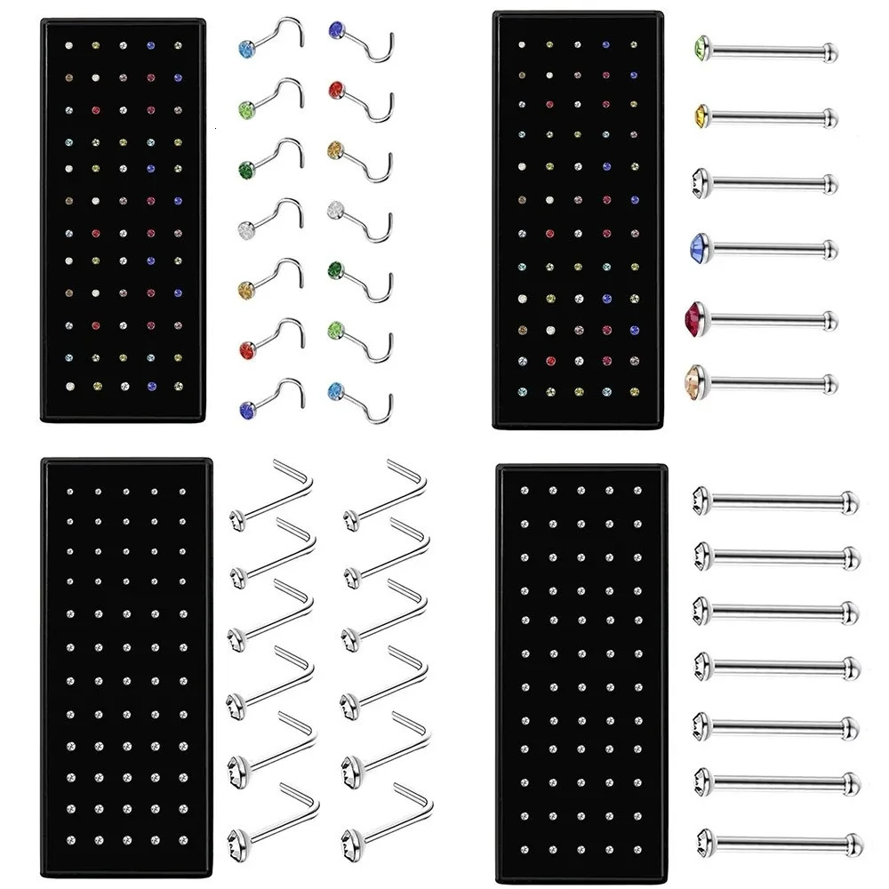 4060 PcsSet Crystal Stainless Steel Nose Piercing Pack Straight Ring Kit L Stud Helix Body Jewelry 250613