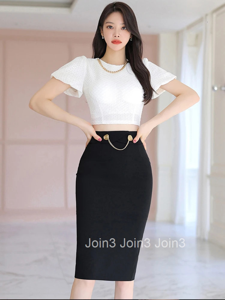 Summer Sexy 2 Pieces Outfits Women Clothes Elegant Puff Sleeve Crop Tops Shirt Blouse And Black High Waist Midi Skirt Mujer Set