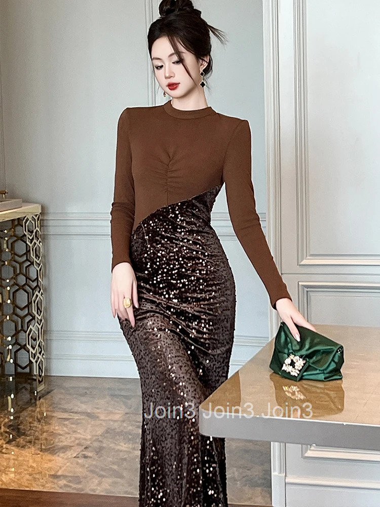 Women Clothes Sparkly Sequin Stand Neck Skinny Midi Fishtail Dress Elegant Luxury Ladies Fashion Party Prom Vestidos Spring New