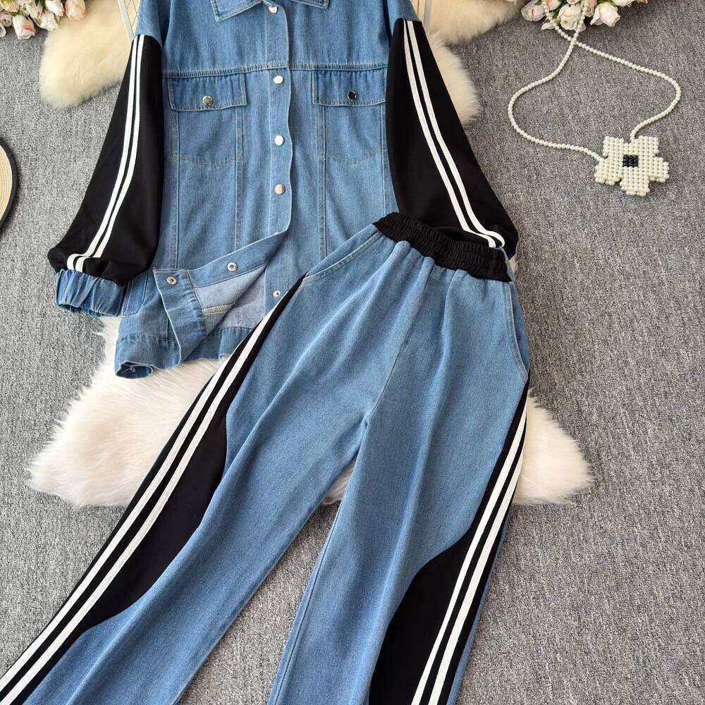 Color Contrast Fake Two Shirts + Wide Leg Pants Suit Sports Casual Denim Loose Slimming Women Two-piece Set