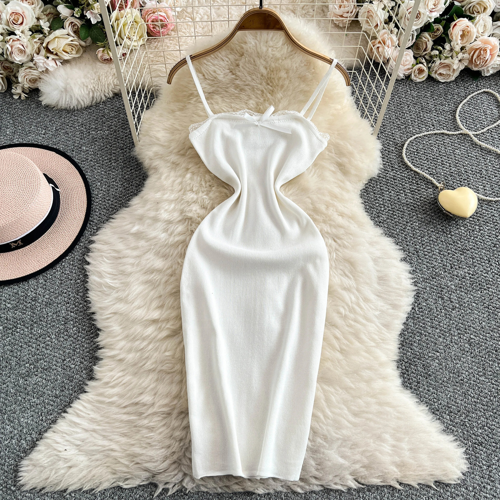 2025 Summer Women Sweet Sexy Sleeveless Bodycon Knitted Strap Dress Lace Patchwork Solid Color Elastic Slim 250616