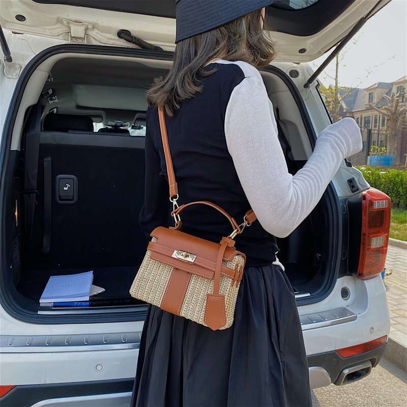 Women's 2025 New Handmade Rattan Woven Summer Fashion Versatile Straw Handbag Small Square Bag