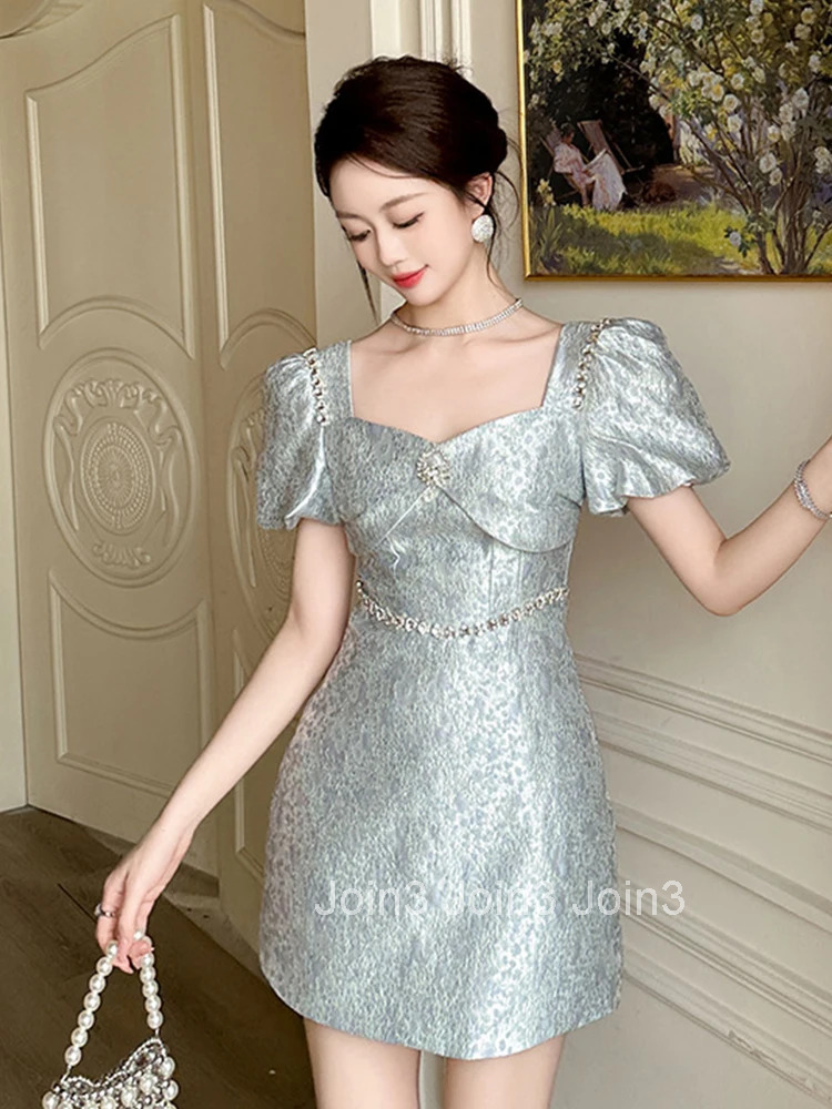 Fashion Elegant Luxury Jacquard Summer Evening Dress Women Clothes Sweet Sexy Square Collar Slim Mini Party Prom Vestidos Fiesta