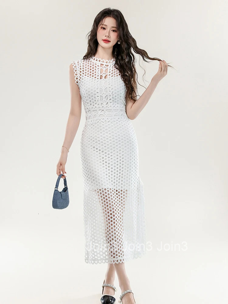 Women Clothes Casual Solid Outfit Elegant Sexy Hollow Sleeveless Slim Midi Dresses And Sling Skinny Mini Dress Mujer 2 Piece Set