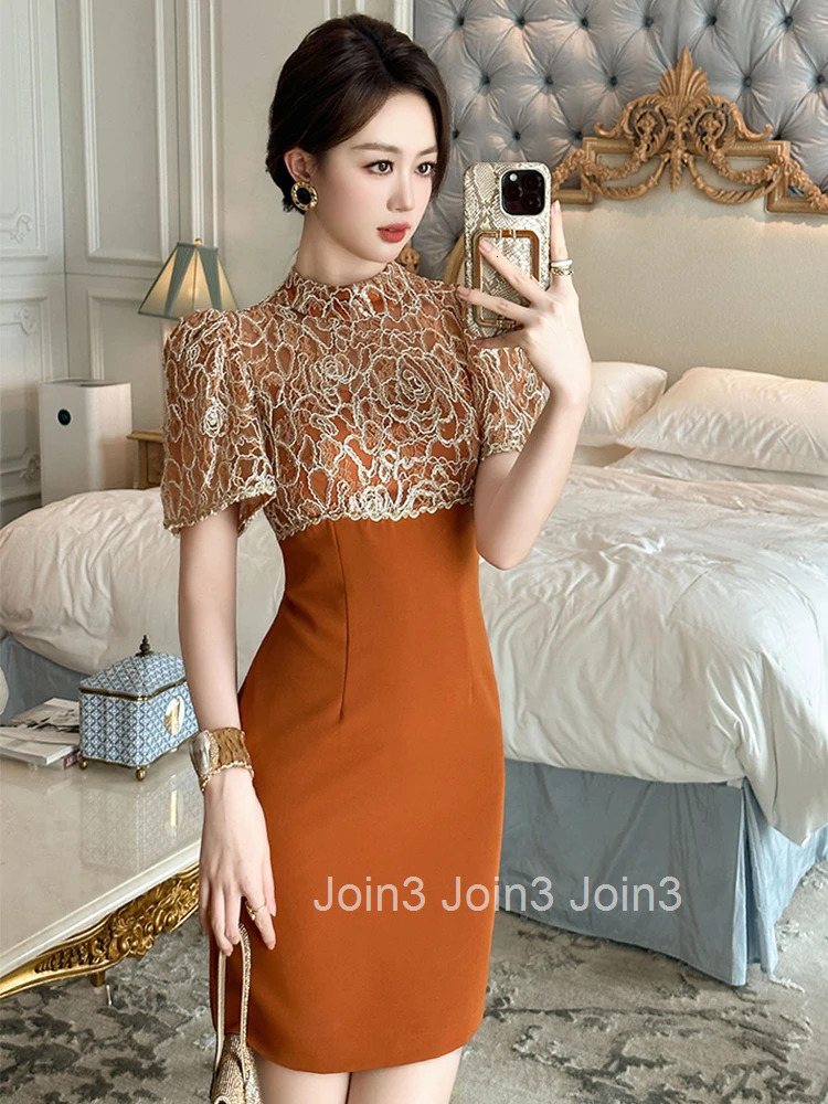 Summer Work Style Formal Pencil Short Dress Women Clothes Elegant Office Commute Chic Retro Puff Sleeve Slim Party Prom Vestidos