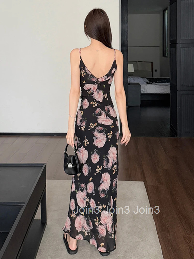 Women Vacation Clothes Sweet Chiffon Floral Print Sexy Sling Slim Maxi Long Dress Elegant Fashion Party Prom Vestido Robe Summer