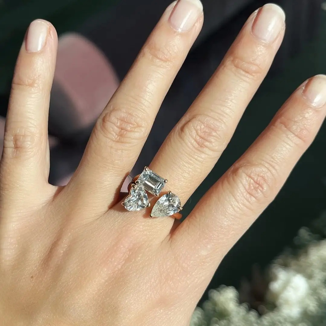 3 Stone CZ Finger Ring For Women 5A Cubic Zirconia Open Adjusted Sized Geometric Iced Out Bling Jewelry 250617