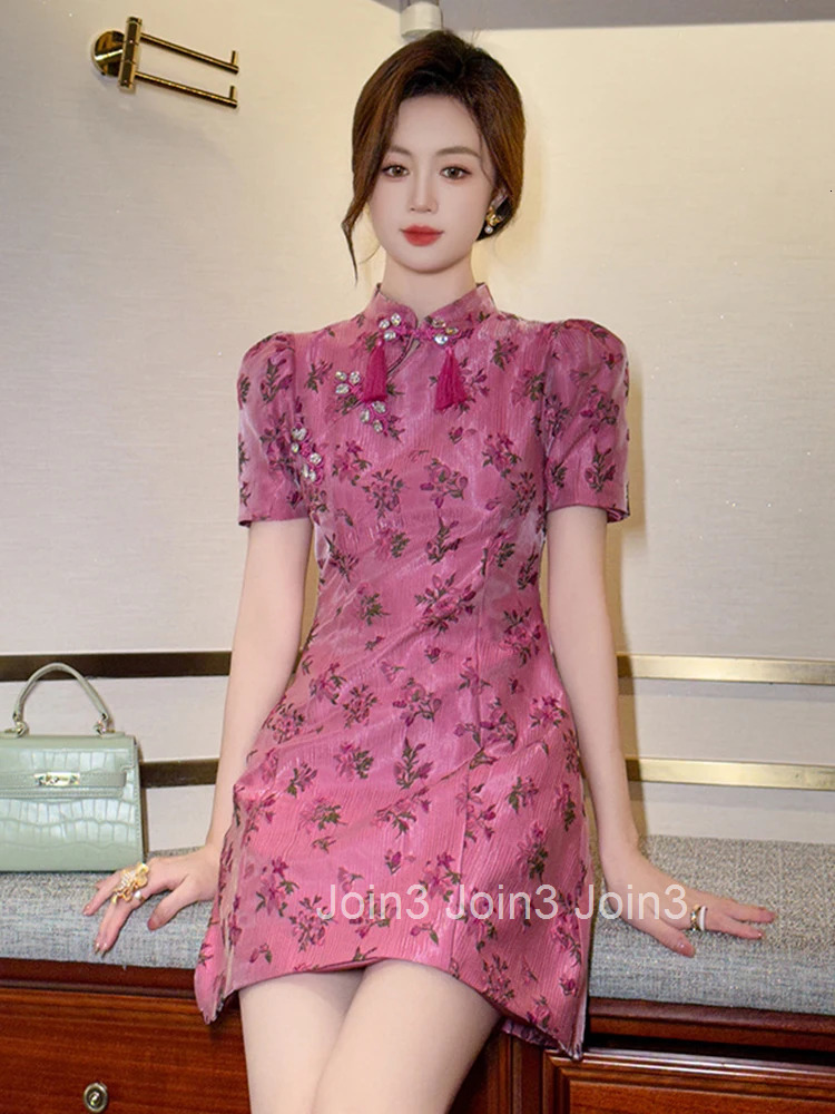 Women Clothes Chinese Style Sweet Floral Puff Sleeve Slim A-Line Mini Short Dress Elegant Fashion Evening Party Vestidos Casual