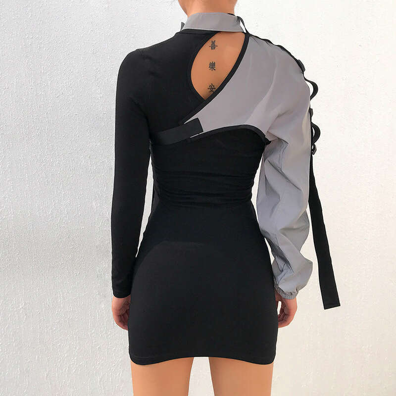 Women's BF Style Trend Asymmetric Single Shoulder Long Sleeve Backpack Buckle Reflective Patchwork Top Cover Shirt 2020 B5