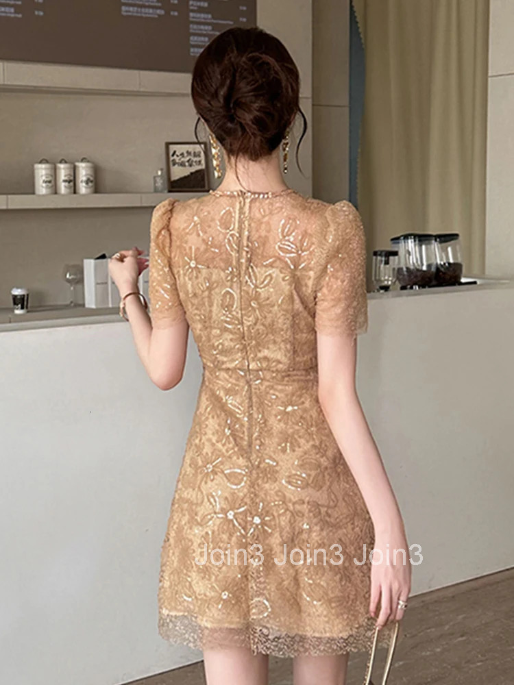 Elegant Vintage Lace Sequin Summer Fashion A-Line Short Dress Women Clothing Sweet O-Neck Slim Mini Party Prom Vestidos Fiesta