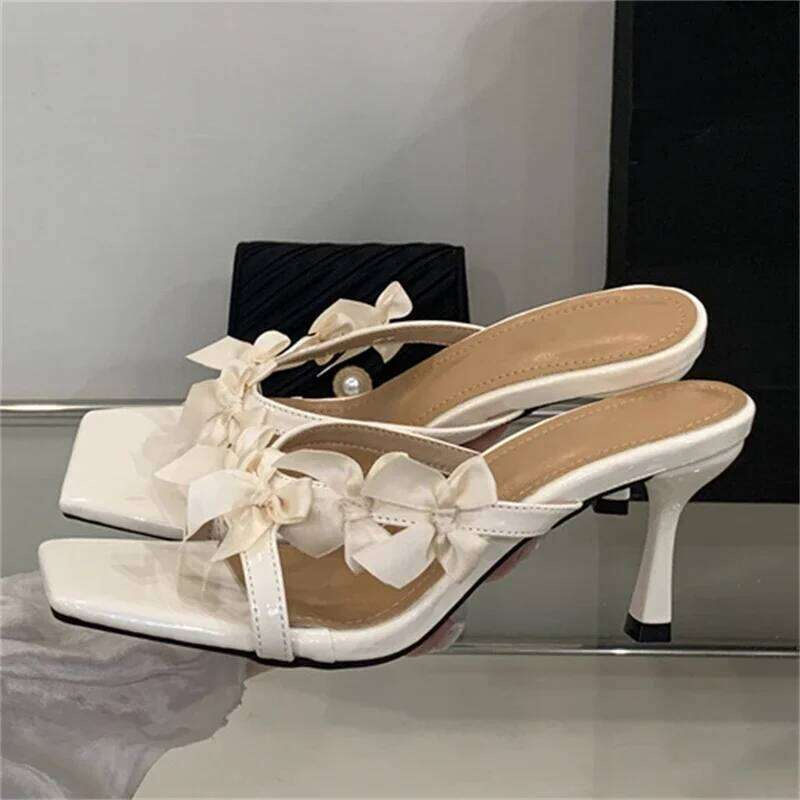 Eilyken Summer Butterfly-kont Square Toe Woman Slippers Fashion Elegant Thin High Heels Party Slide Shoes Zapatos De Mujer