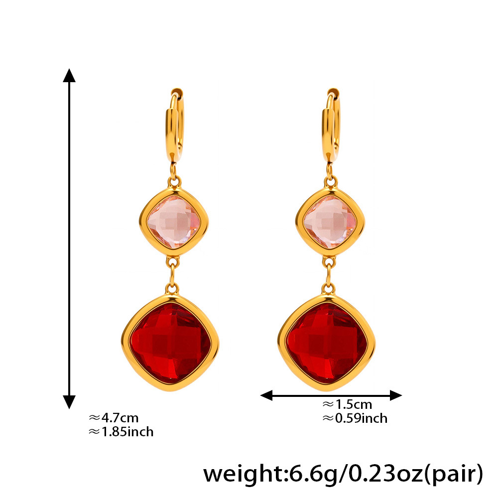18K Gold Plated Boho Gold Crystal Drop Earrings, Pink & Red Square Charm Earrings for Party/Wedding Hypoallergenic