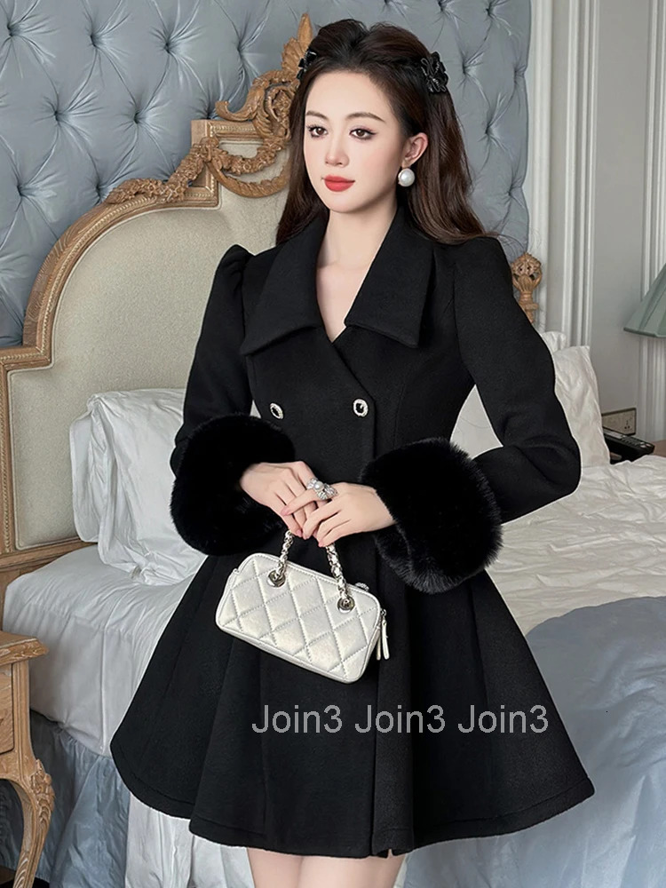 Women Clothes Black Woolen With Jacket Double-Breasted Elegant Hairy Long Sleeve Slim A-Line Coat Outerwear Autumn Winter Casual