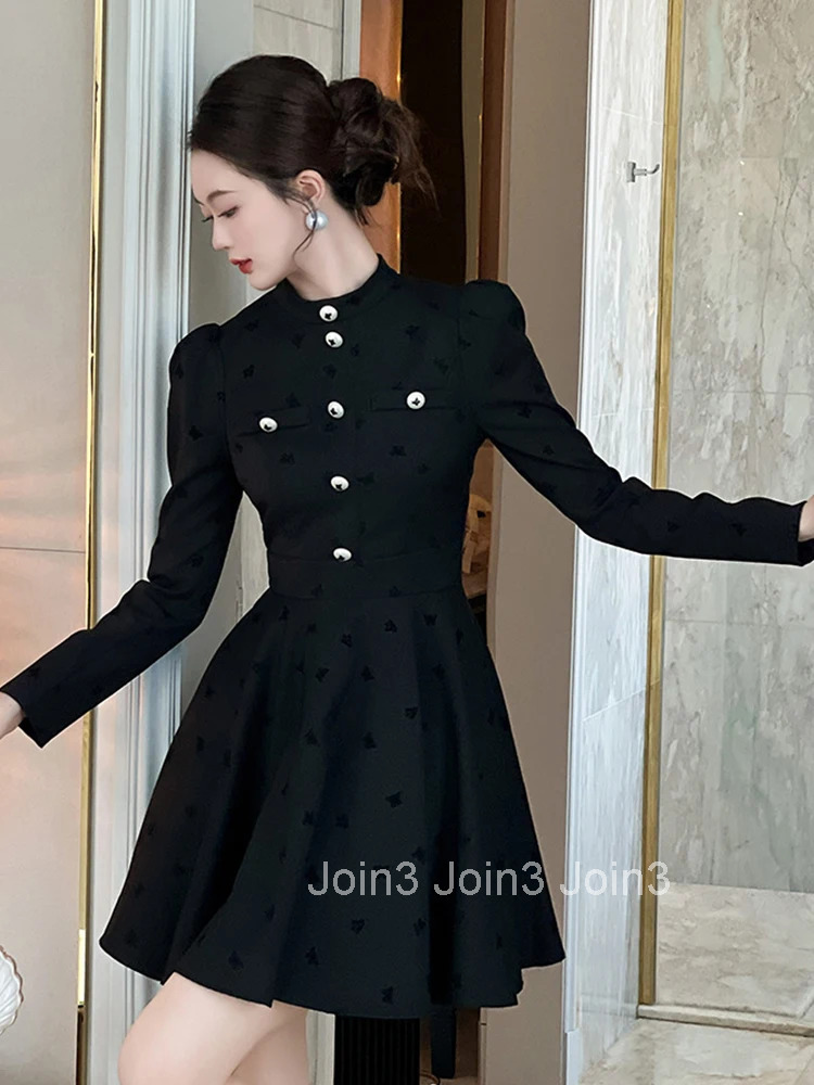 Women Clothes Black Embroidery Stand Neck Slim A-Line Mini Short Dress Elegant Fashion Party Vestidos Casual Formal Occasion New