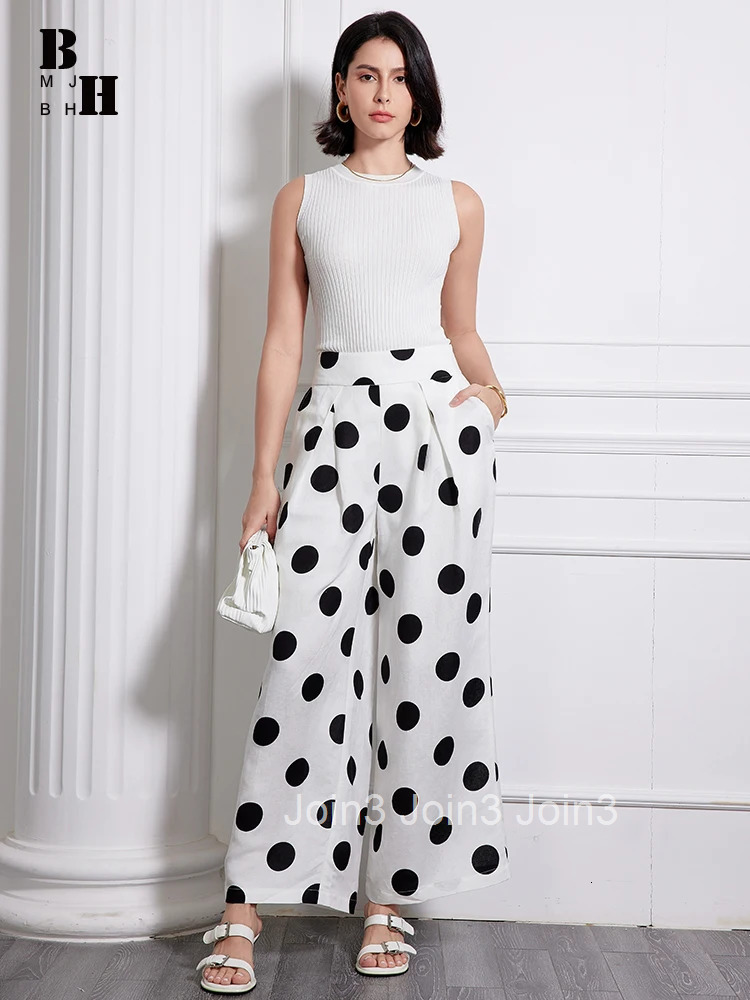 Plus Size Spring Autumn Elegant Formal Commute Cotton Linen Long Pant Women Retro Dot Print Trousers Mujer Wide Leg Loose Pants