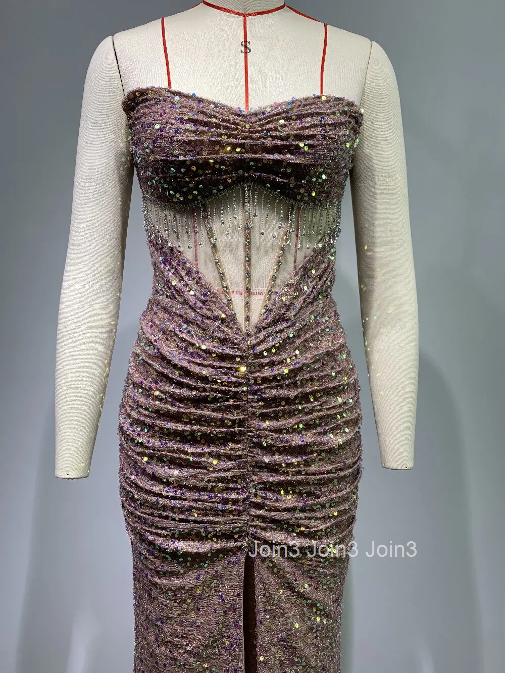 Luxury Super Flash Sequins Diamonds Long Dress Chic Womens Clothing Elegant Golden Split Strapless Dresses Evening Party Gown