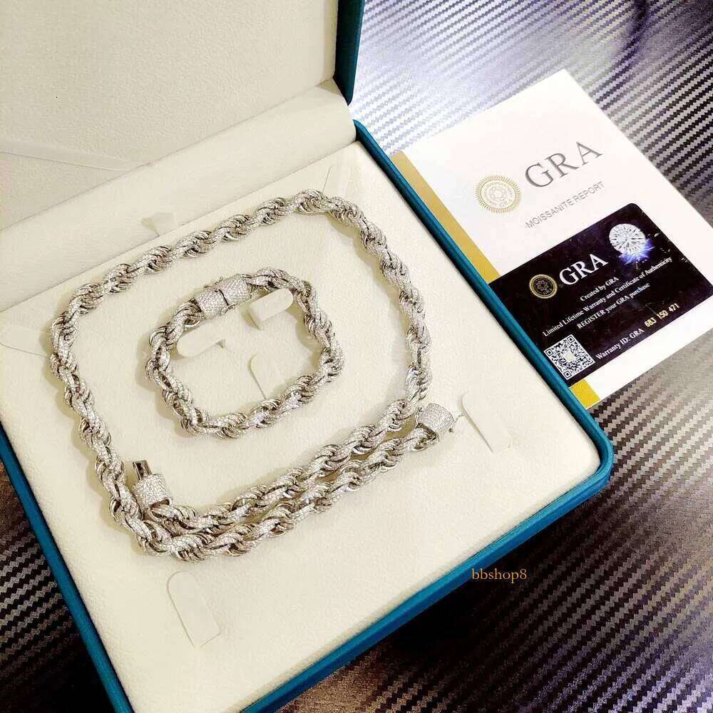 Zuanfa big size chain fashion sier jewelry 10mm vvs moissanite rope bracelet necklace for men and women