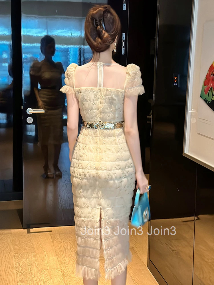 Women Clothes Mesh Embroidery Floral Sexy O-Neck Folds Skinny Evening Dress Elegant Luxury Fashion Party Prom Vestido Casual New