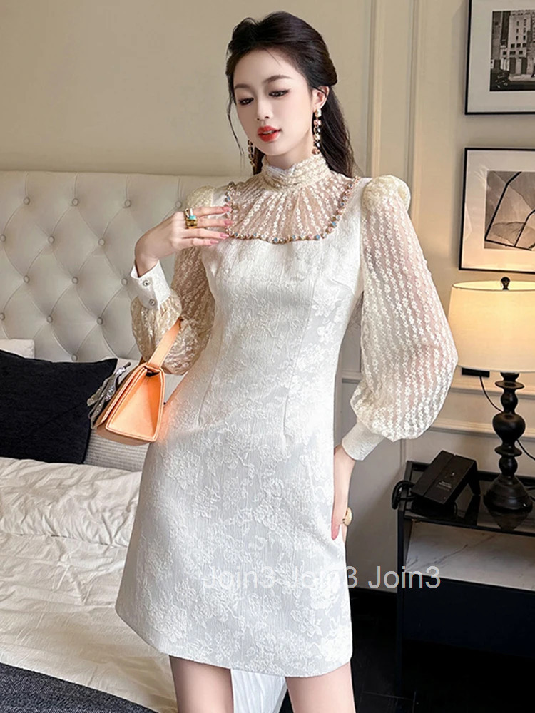 Fashion Lady Jacquard Fake 2 Pieces Evening Dress Women Clothing Sweet Elegant Luxury Puff Sleeve Slim Short Party Prom Vestidos