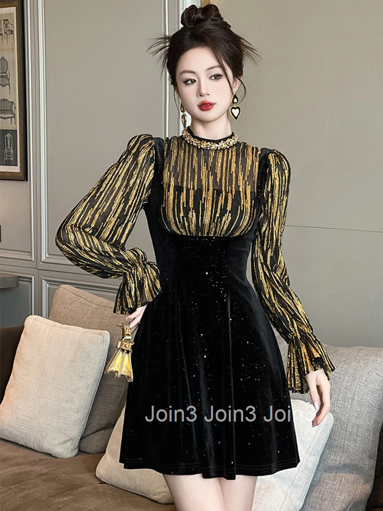 Women Clothes Sparkly Fake 2 Pieces Velvet Slim Mini Short A-Line Dress Elegant Luxury Ladies Fashion Party Prom Vestidos Spring