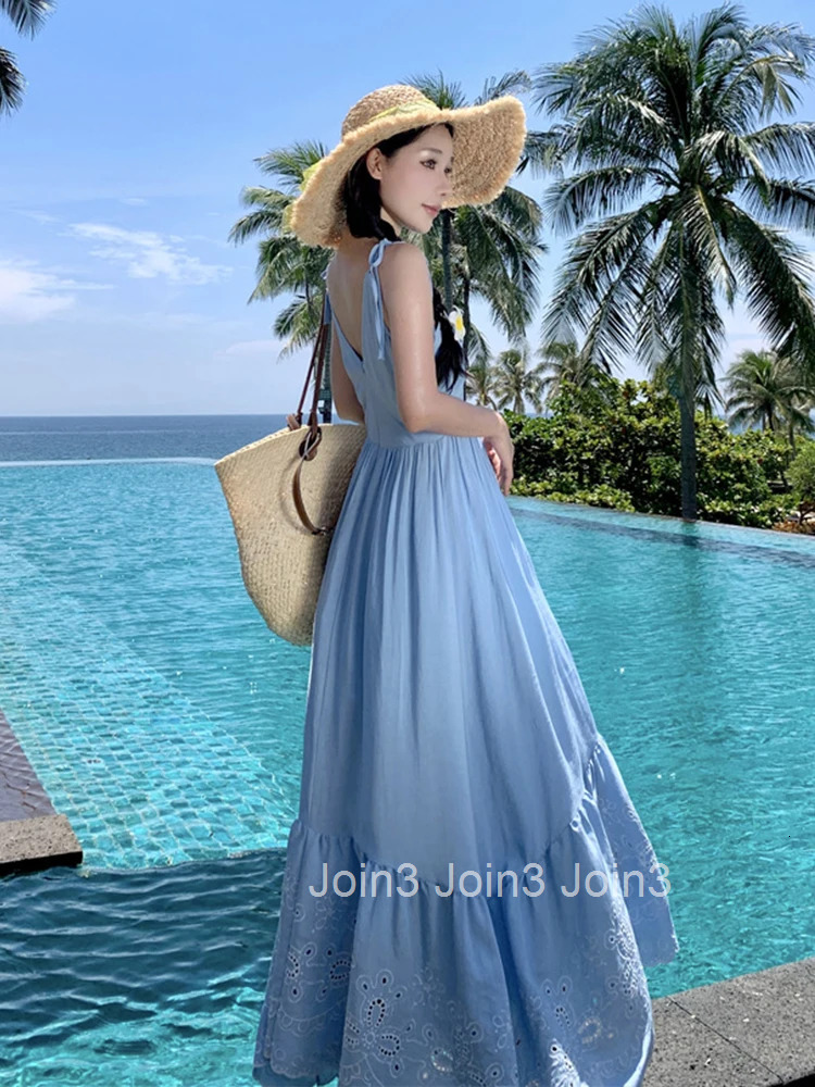 Women Vacation Clothes Blue Sweet Hollow Sexy Sling V-Neck A-Line Maxi Long Dress Elegant Fashion Party Prom Vestidos Robe Beach