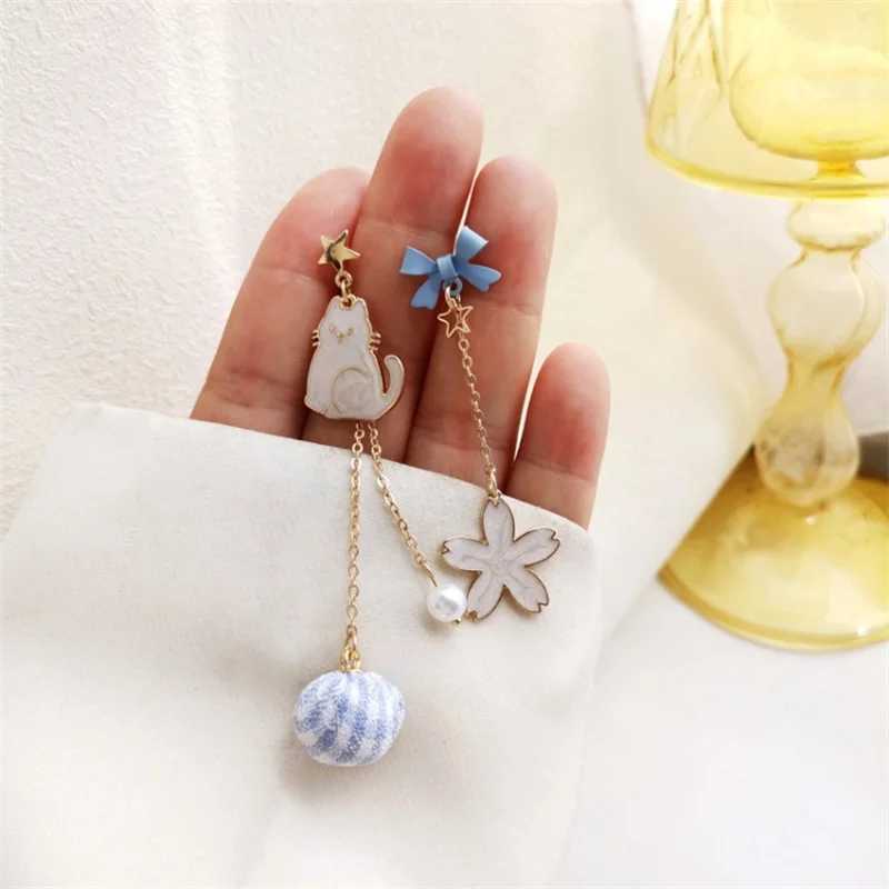 New Trend Blue Flower Dangle Earrings For Women Cute Animal Cat Cherry Blossoms Asymmetrical Earring Party Kitten Jewelry Gifts XJ250623
