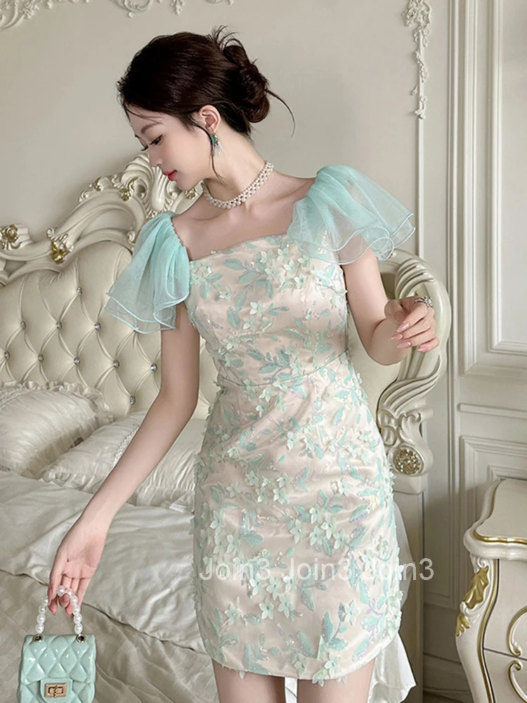 Summer Fashion Lace Sequin Floral Vacation Evening Dress Women Clothes Girls Sweet Sexy Bubble Sleeve Slim Party Prom Vestidos