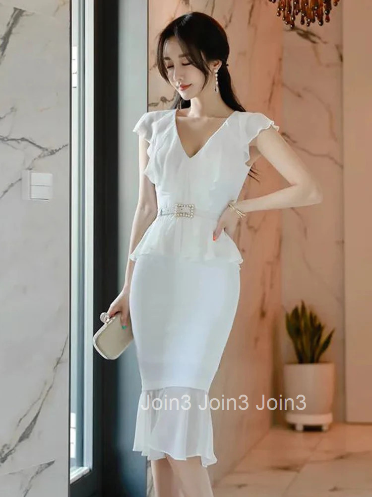 New Summer Fashion White Work Style Formal Mermaid Dress Women Clothes Elegant Office Sweet Ruffle Sexy V-Neck Slim Midi Vestido