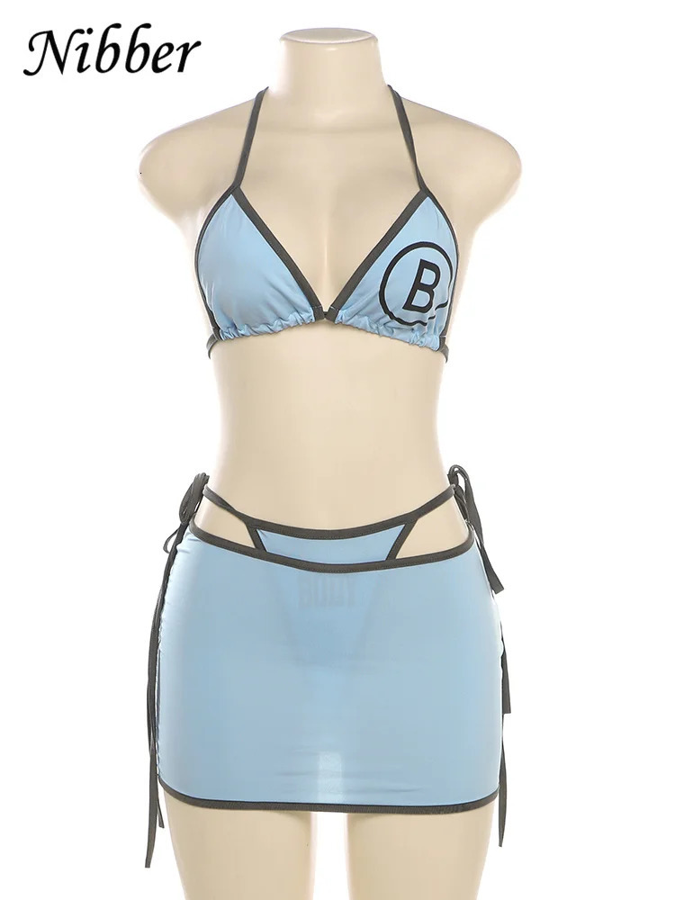Nibber Letter Print 3Piece Set Women Sexy Summer Beach Vacation BrBandage BriefsSkirts Hipster Midnight Matching Clubwear 250614