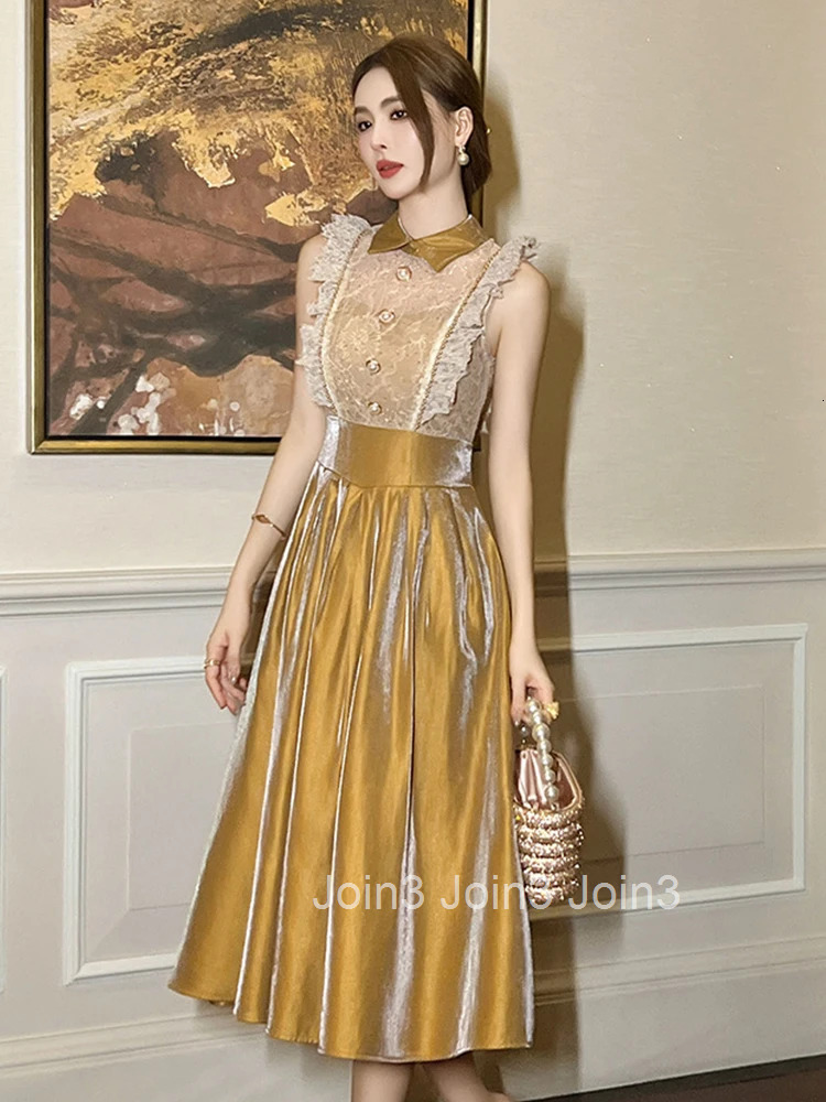 New Summer Fashion Lace Splic Evening Dress Women Clothes Sweet Flying Sleeve Slim Midi A-Line Party Prom Vestidos Fiesta Robe