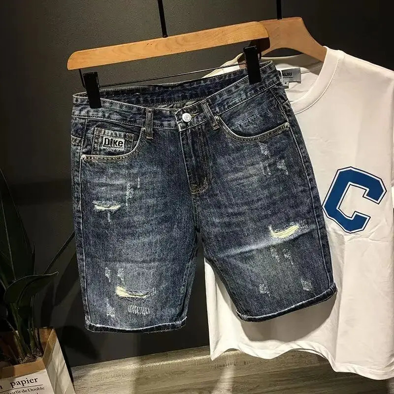 High-end Clothing Trendy Mens Denim Shorts Loose Straight Ripped Hole Distressed Washed Cargo Short Pants 250617