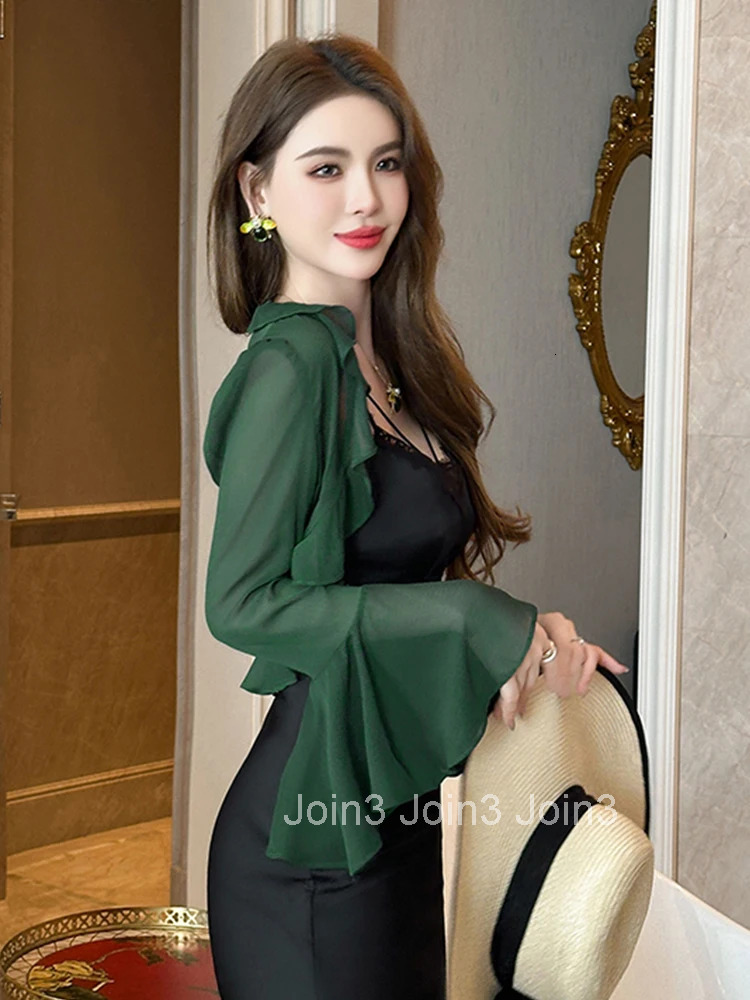 Summer Thin Chiffon Ruffle Short Cardigan Women Fashion Elegant Sweet Solid Flare Sleeve Cropped Tops Female Beach Vacation Coat