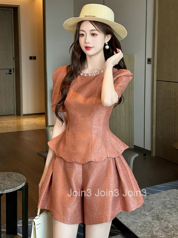 New Summer Casual 2 Pieces Outfit Women Clothes Elegant Retro Puff Sleeve Slim Tops Shirt Blouse And High Waist Shorts Mujer Set