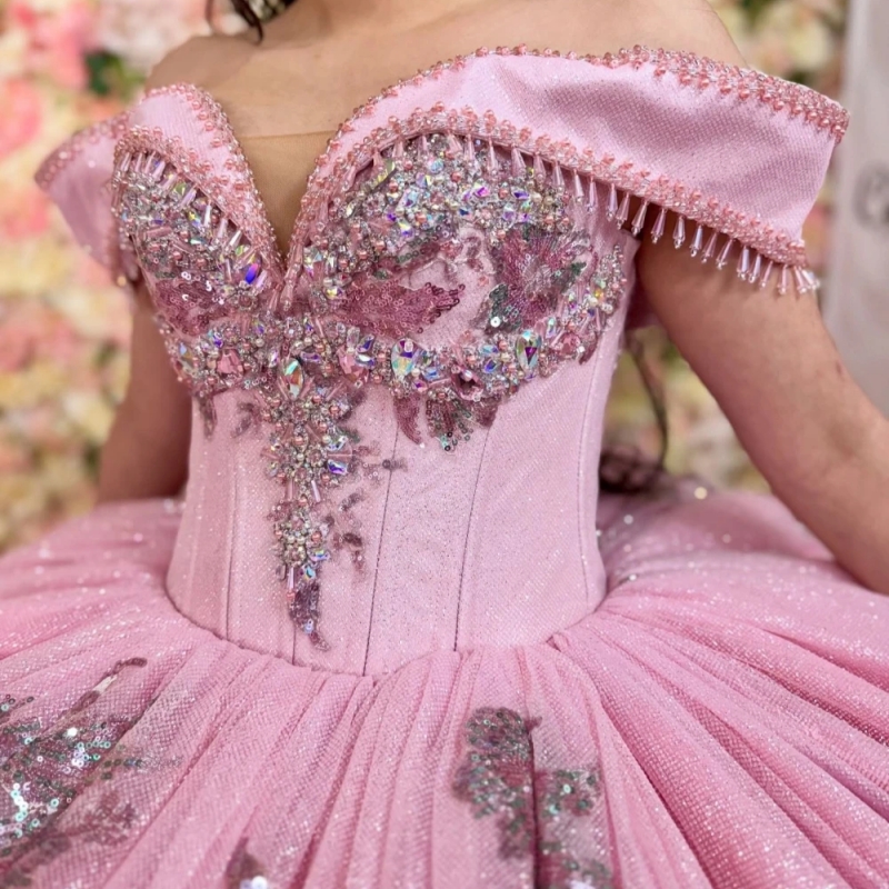 Pink Shiny Ball Gown Quinceanera Dresses Sequin Applique Lace Beading Crystal Tull Sweet 16 Dress Vestidos De 15 Anos