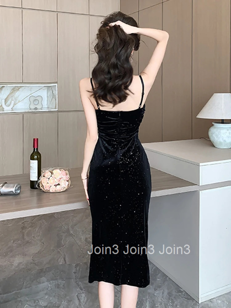 Fashion Lady Retro Velvet Sparkly Sequin Black Evening Dress Women Clothes Elegant Sexy Strap Slim Slit Party Club Prom Vestidos
