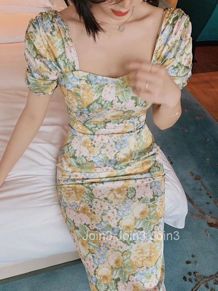 New Arrival Fashion Retro Dress Women Elegant Summer Puff Sleeve Beach Dress Temperament Lady Print Party Pencil Long Dress