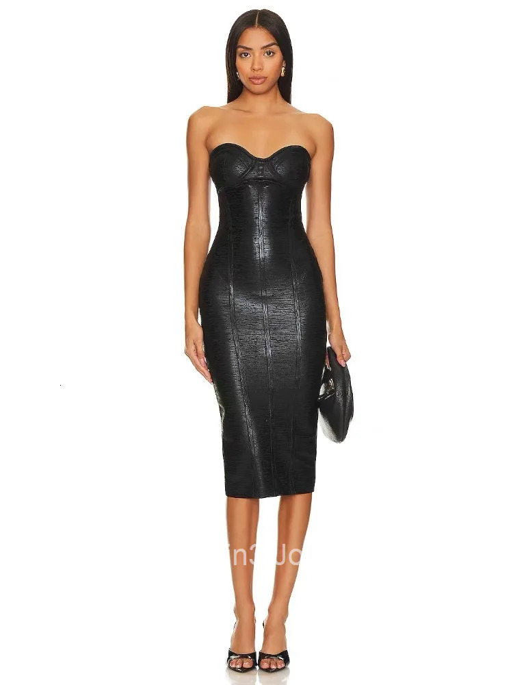 2025 New Arrival Elegant Black Strapless Satin Bodycon Dress Sexy Evening Gown for Paty/Wedding/Prom Slim Fit with Slit
