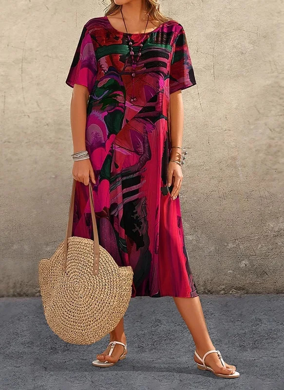Plus size European and American crossborder summer dress casual short sleeve round neck print loose 250613