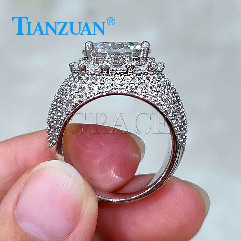 12mm Big Thick Edge Stone Ring Sterling 925 Silver Hip Hop Round Moissanite Ring Men Women Diamonds Male Fine Jewelry