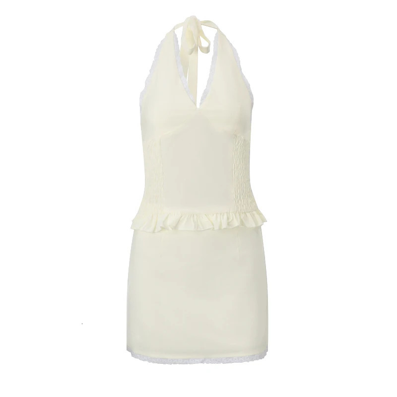 WhereMery Elegant Fashion Backless Lace Sleeveless Solid Casual Streetwear Crop Tops Mini Skirt Autumn Sexy Women 2 Piece Set 250614