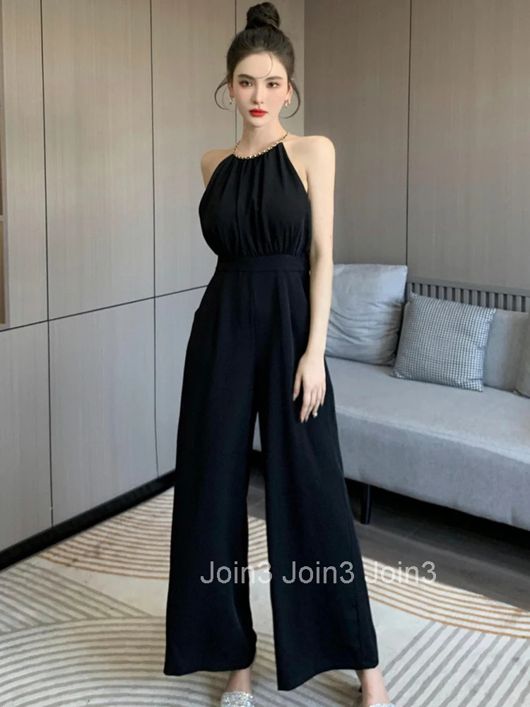Korean Women One Piece Jumpsuits Black Vintage Sexy Chain Halter High Waist Party Club Lady Mujer Wide Leg Loose Rompers Summer