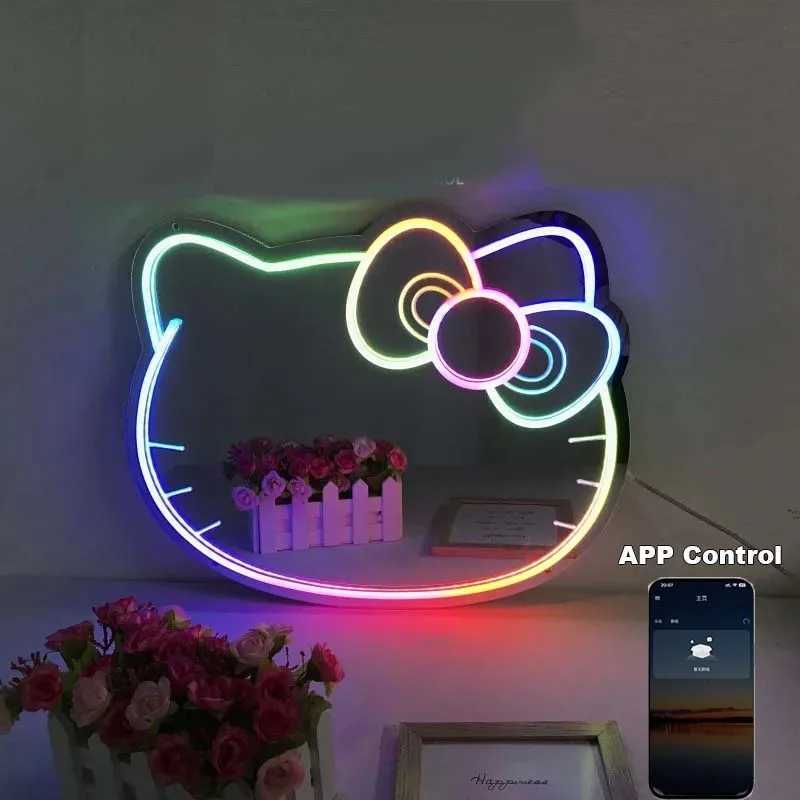 Pink Kitty Cat LED Neon Cat Mirror Sign Wall Mounted Makeup Mirror and Wall Art for Bedroom Beauty Shop Studio Decor X250623