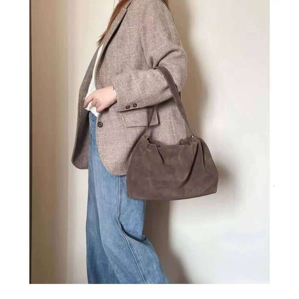 Ruched Korean Kakhi Coffee Designer Armpit Shoulder Bag 2 Straps Real Matte Suede Cow Leather Women Handbag Chamois Tote