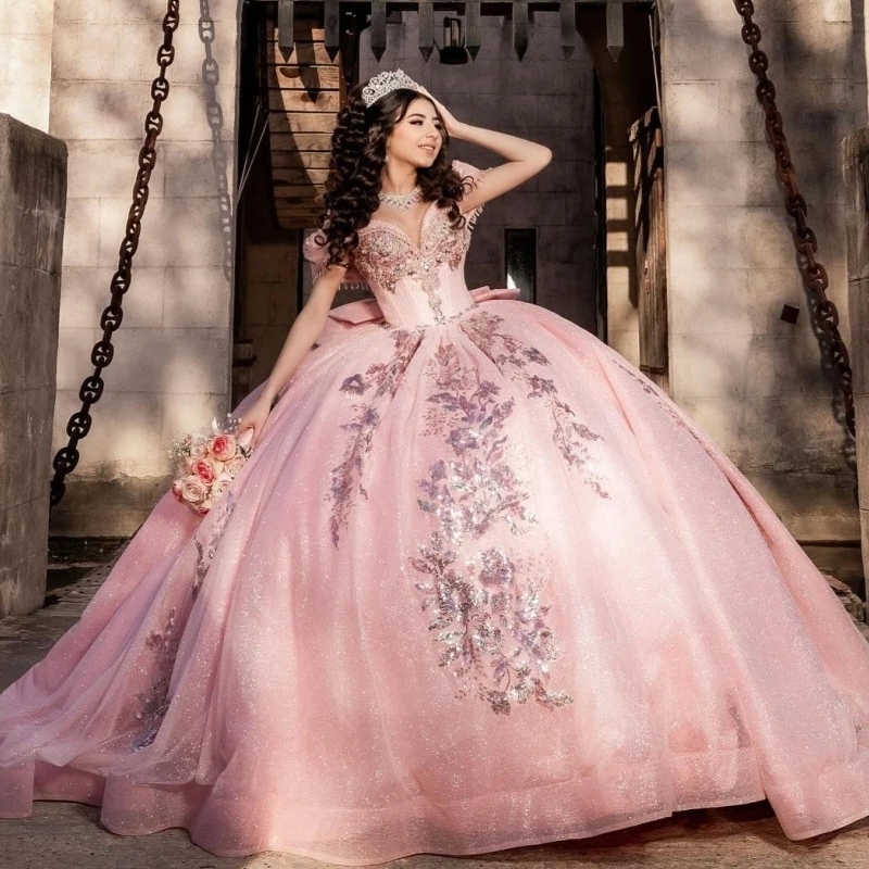 Pink Glitter Ball Gown Quinceanera Dresses Sequins Applique Lace Beading Crystal Bow Tull Sweet 16 Dress Vestidos De 15 Anos