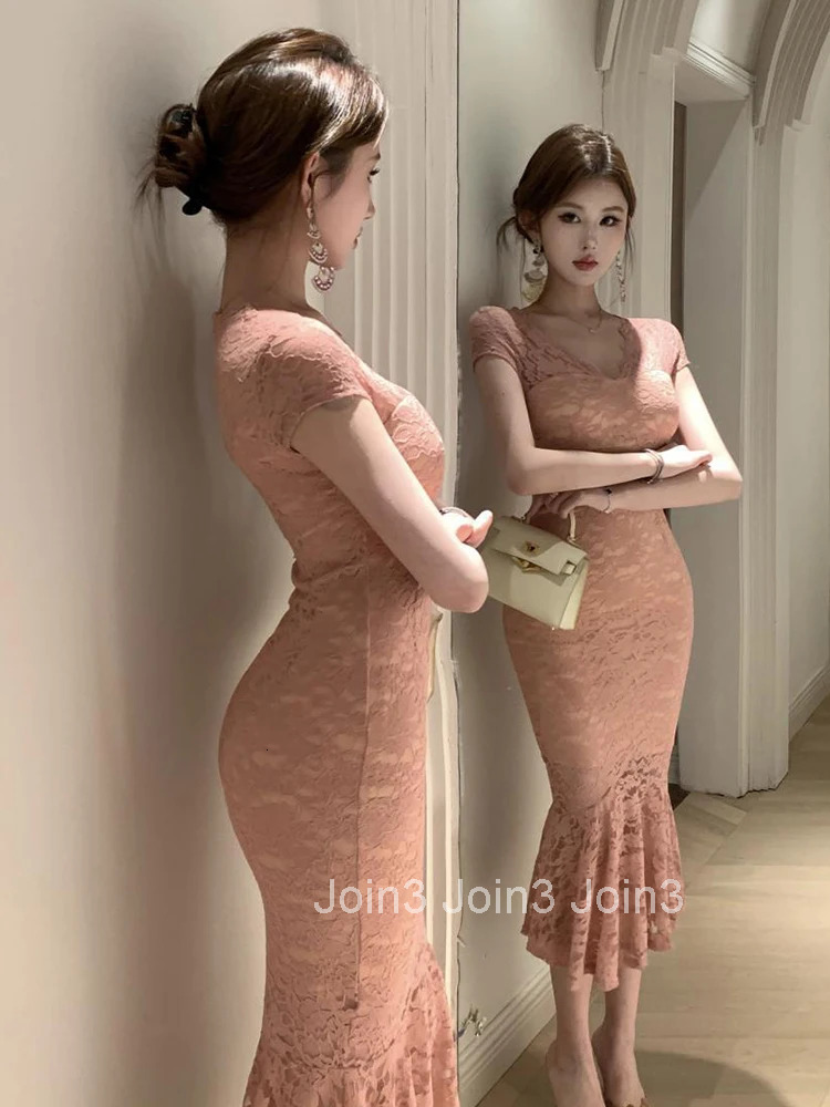 French Gentle Party Dress Women Sweet Elegant Pink Sheer See Through Lace Boydocn Fishtail Robe Female Prom Street Vestido Mujer