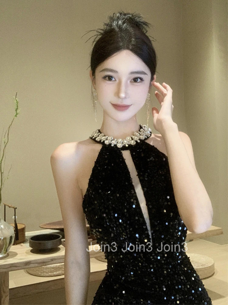 Women Clothes Retro Black Shiny Sequin Sexy Sleeveless Slim Mini Short Dress Elegant Luxury Evening Party Club Prom Vestidos New