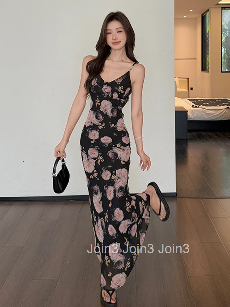 Women Vacation Clothes Sweet Chiffon Floral Print Sexy Sling Slim Maxi Long Dress Elegant Fashion Party Prom Vestido Robe Summer