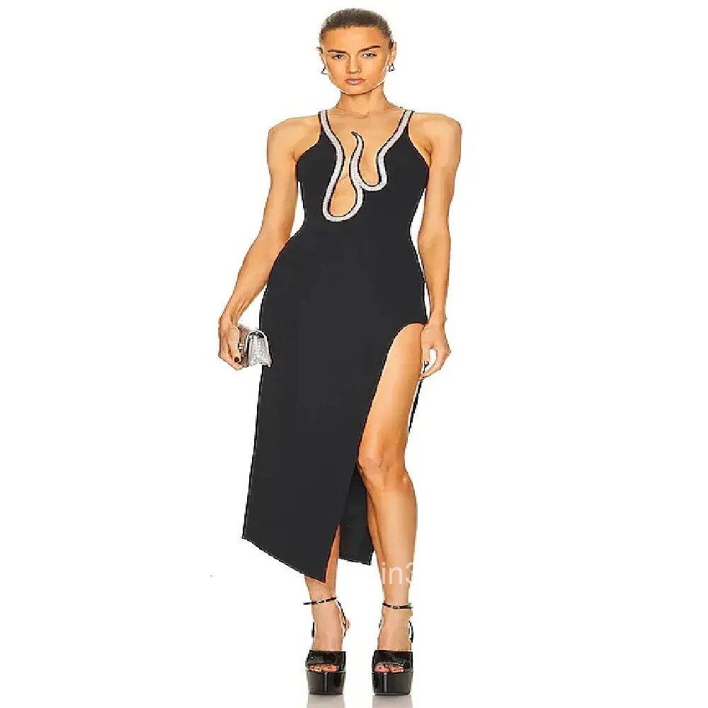 Womens Black O-Neck Pullover Dress Crystals Embellished Mesh Splicing Design Bodycon Bandage Long Celebrity Party Dress