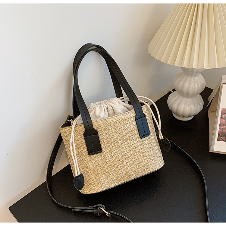 Free Shipping Korean INS Straw Woven Handbag Summer New Casual Luxury Designer Vacation Women's Basket Shoulder Bag Color-block Crossbody Bag Bea